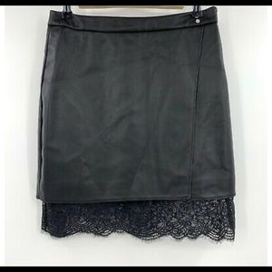 Decree Vegan Leather Black Lace Trim Mini Skirt